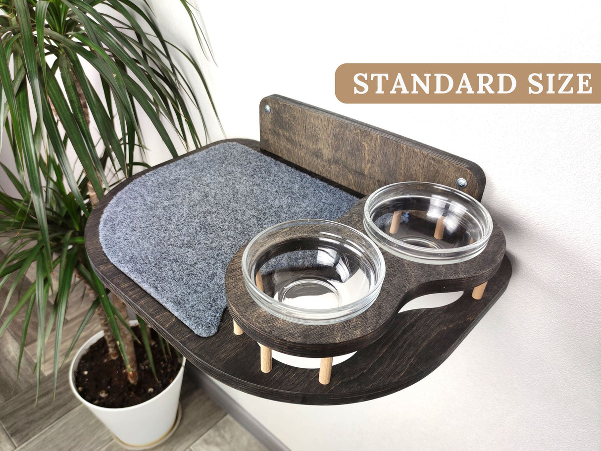 Cat feeding shelf in dark color - wall mounted