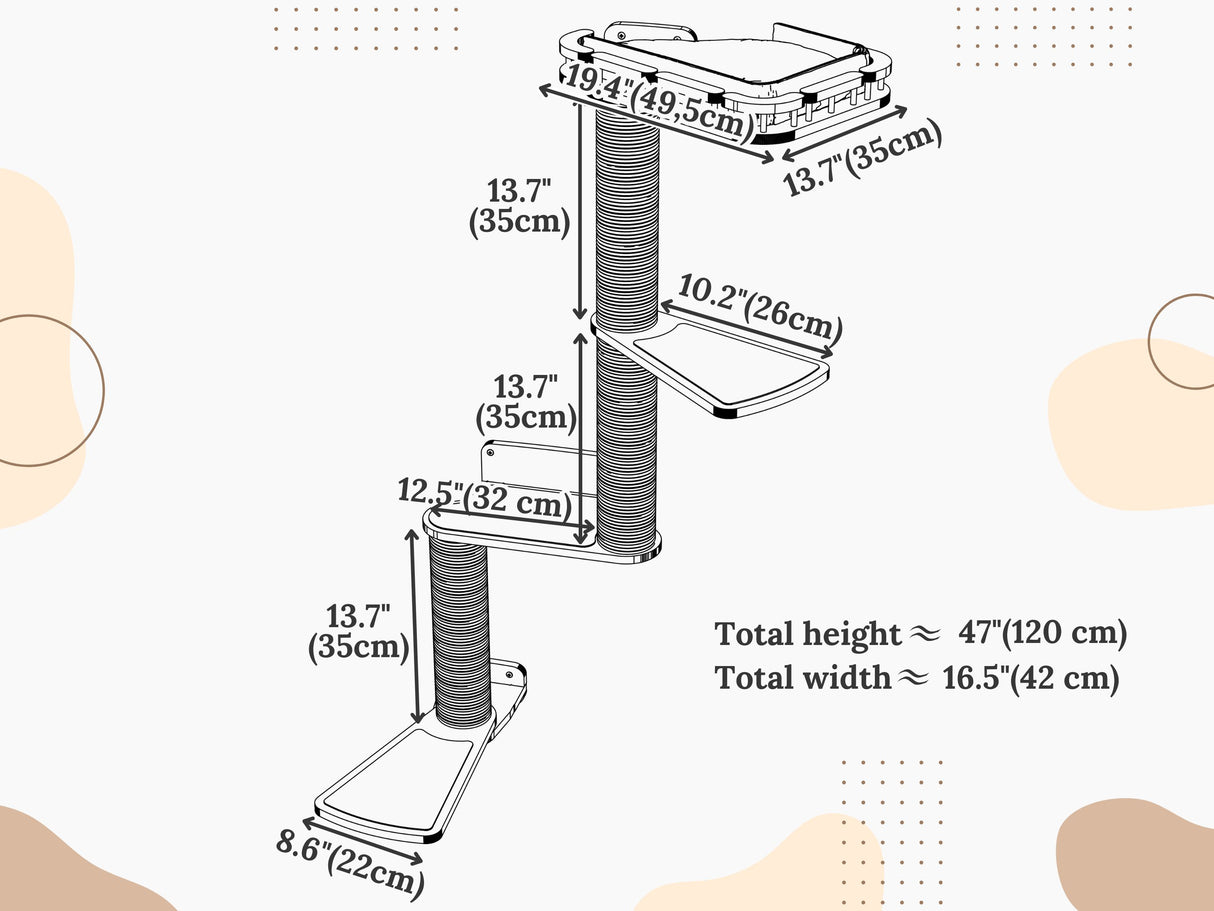 Measurement chart of a cat wall scratching post with dimensions labeled