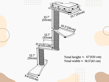 Measurement chart of a cat wall scratching post with dimensions labeled