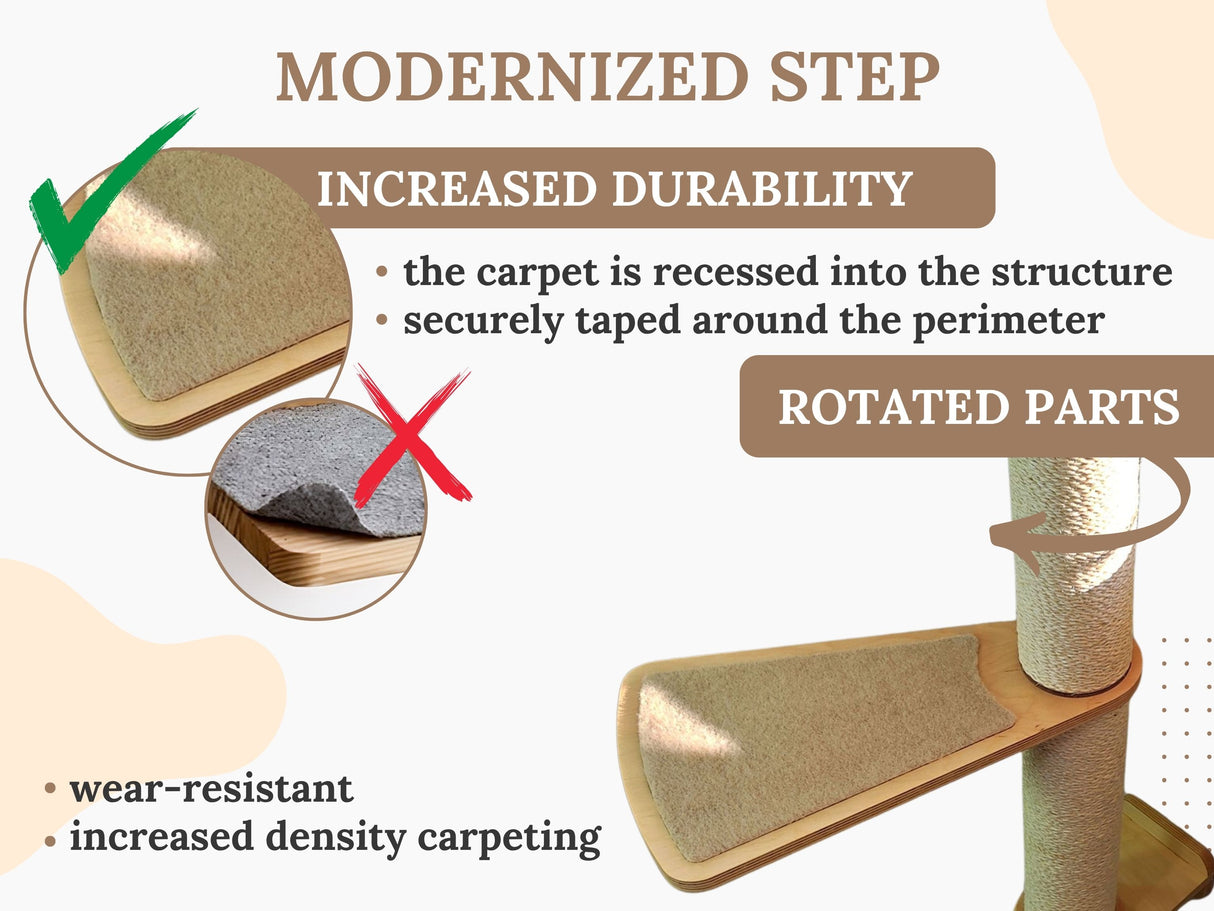 Cat scratcher with text highlighting modernized step, increased durability, and wear-resistant features.