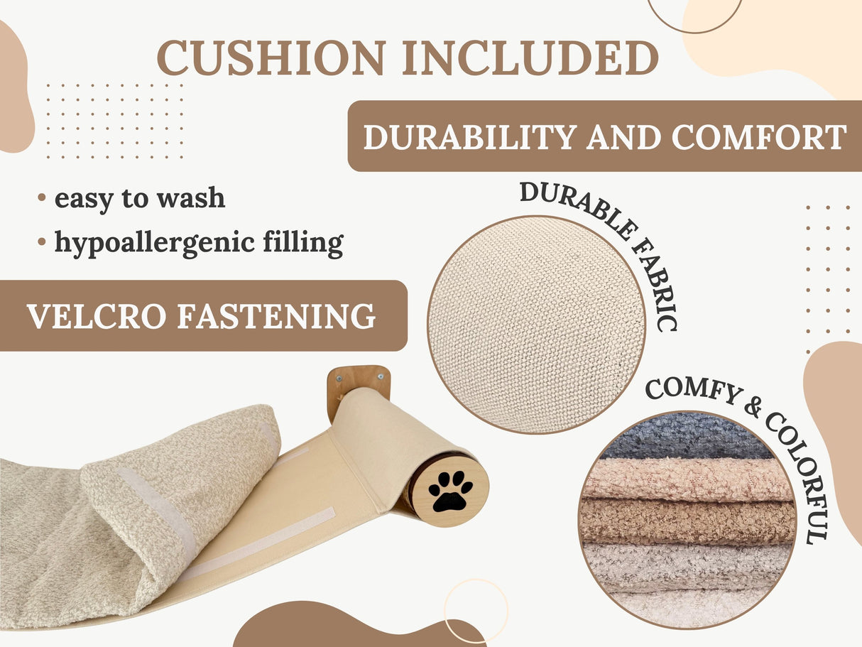 Product advertisement with text about cushion included, durability, comfort, and features like easy to wash and velcro fastening.