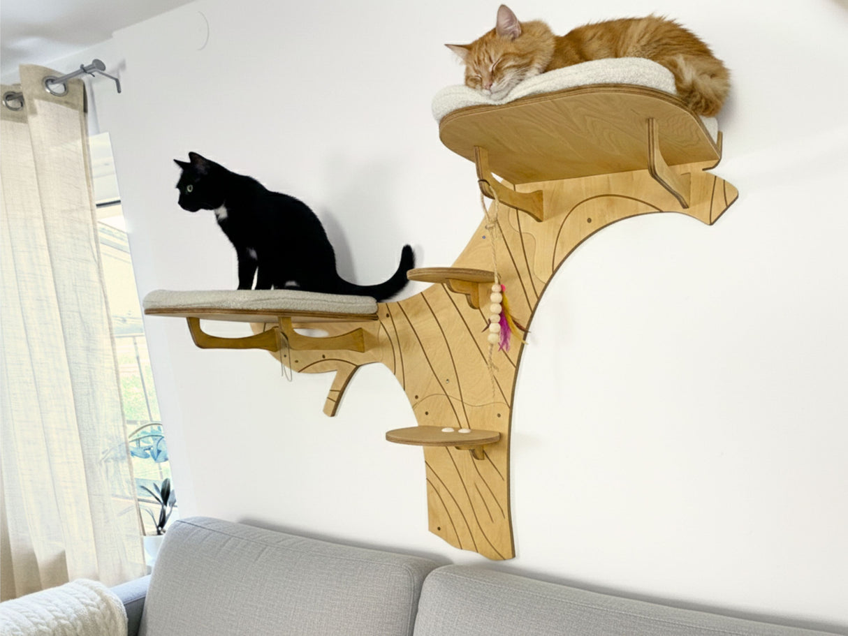 Two cats on a wooden cat tree in a living room setting.