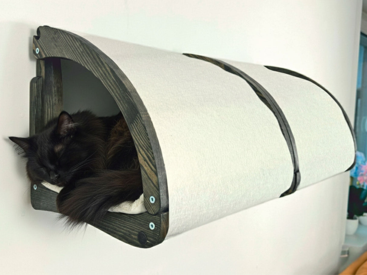 Black cat lying inside a cone-shaped pet bed against a white wall.