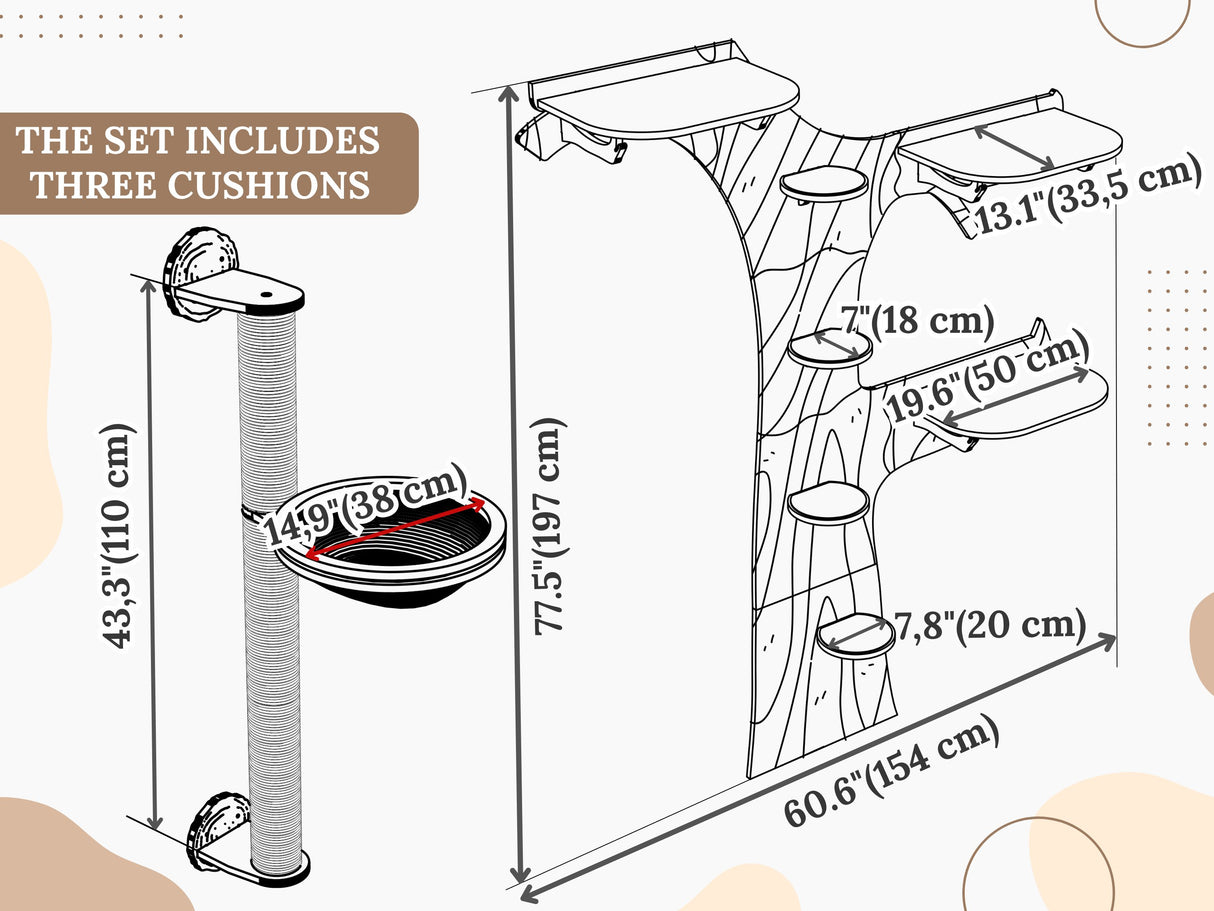 Wall Cat Tree “Climb & Lounge” Set with Scratching Post