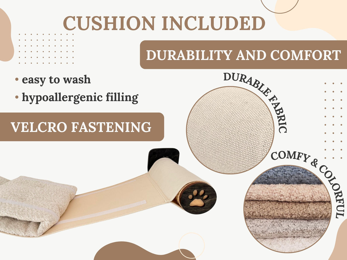Product advertisement with text about cushion included, durability, comfort, and features like easy to wash and velcro fastening.