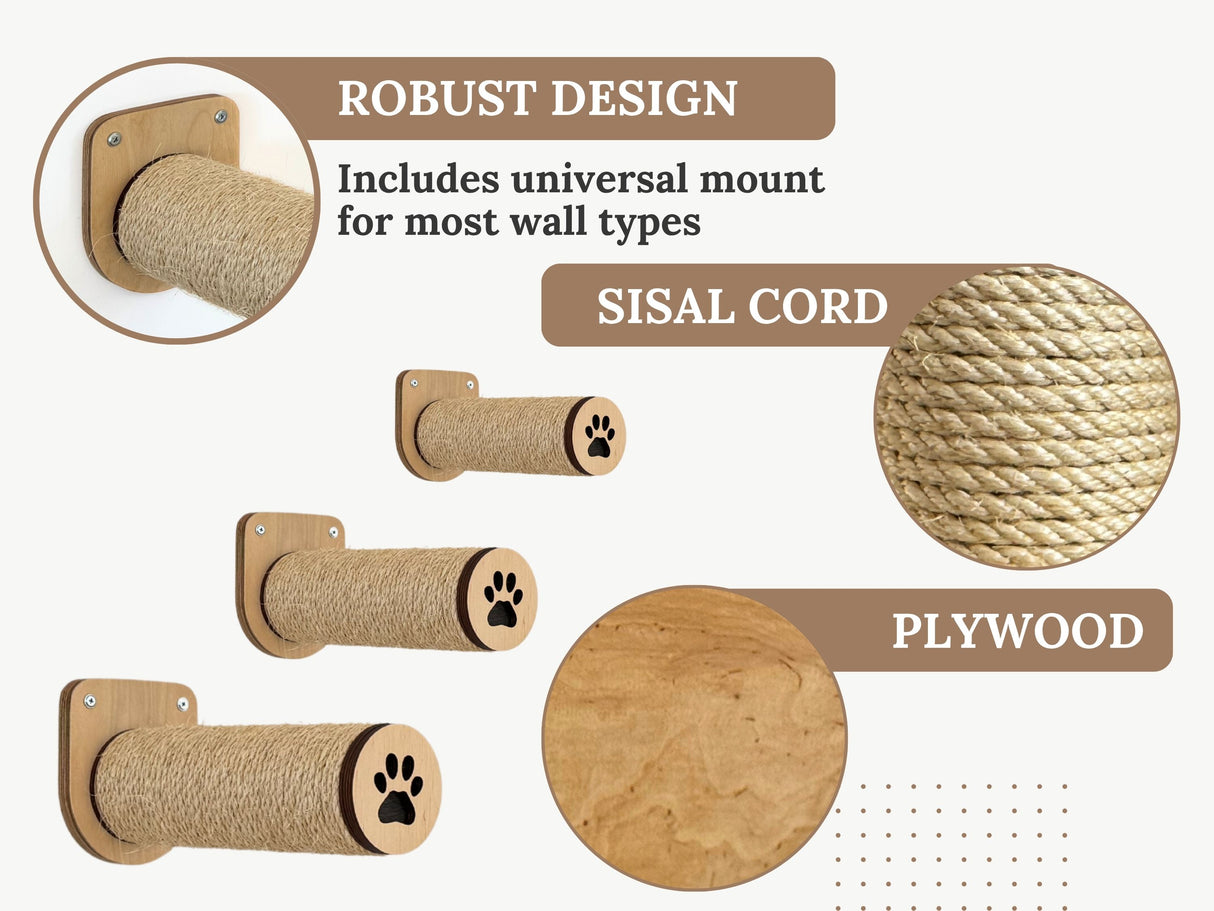 Cat scratcher with sisal cord, plywood, and universal mount features on a white background.
