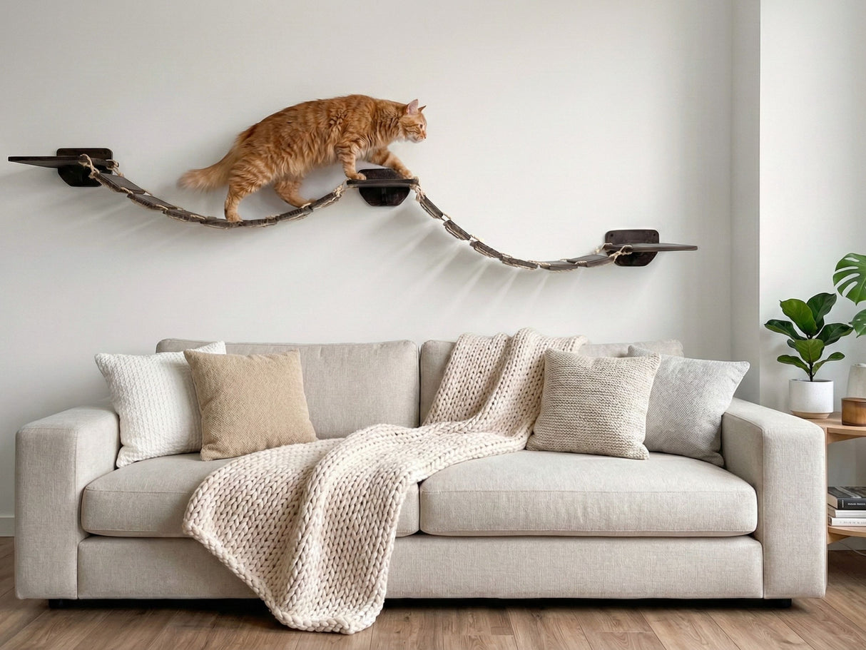 Cat on a cat bridge above a beige sofa in a living room.