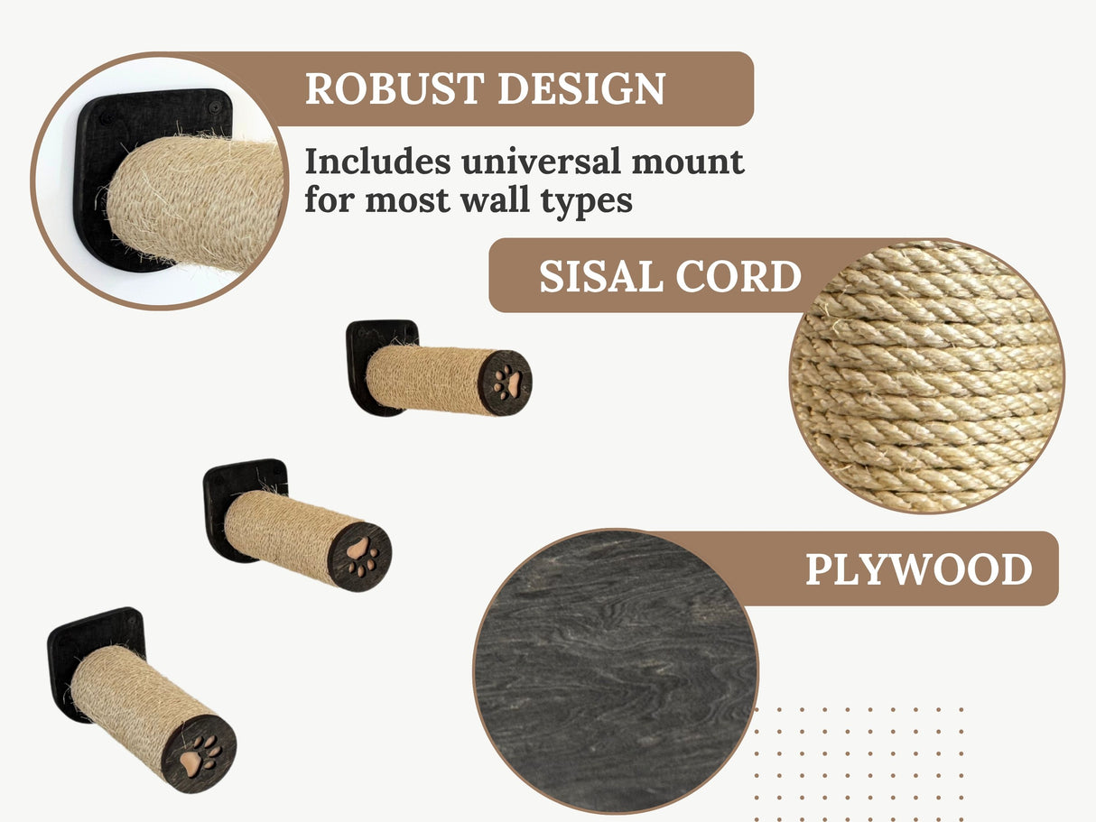 Cat scratcher with sisal cord and plywood design on a white background