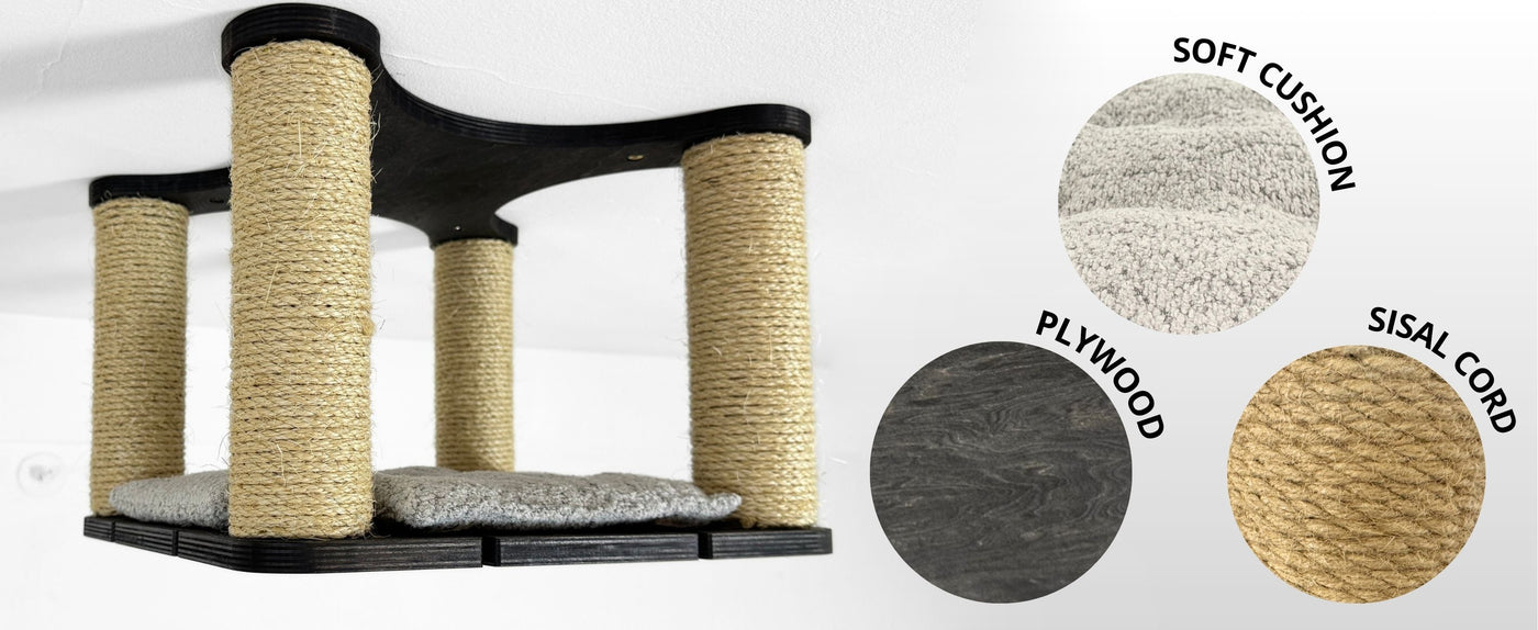 Cat climbing post with cushioned platforms and sisal rope, featuring material options on a white background.