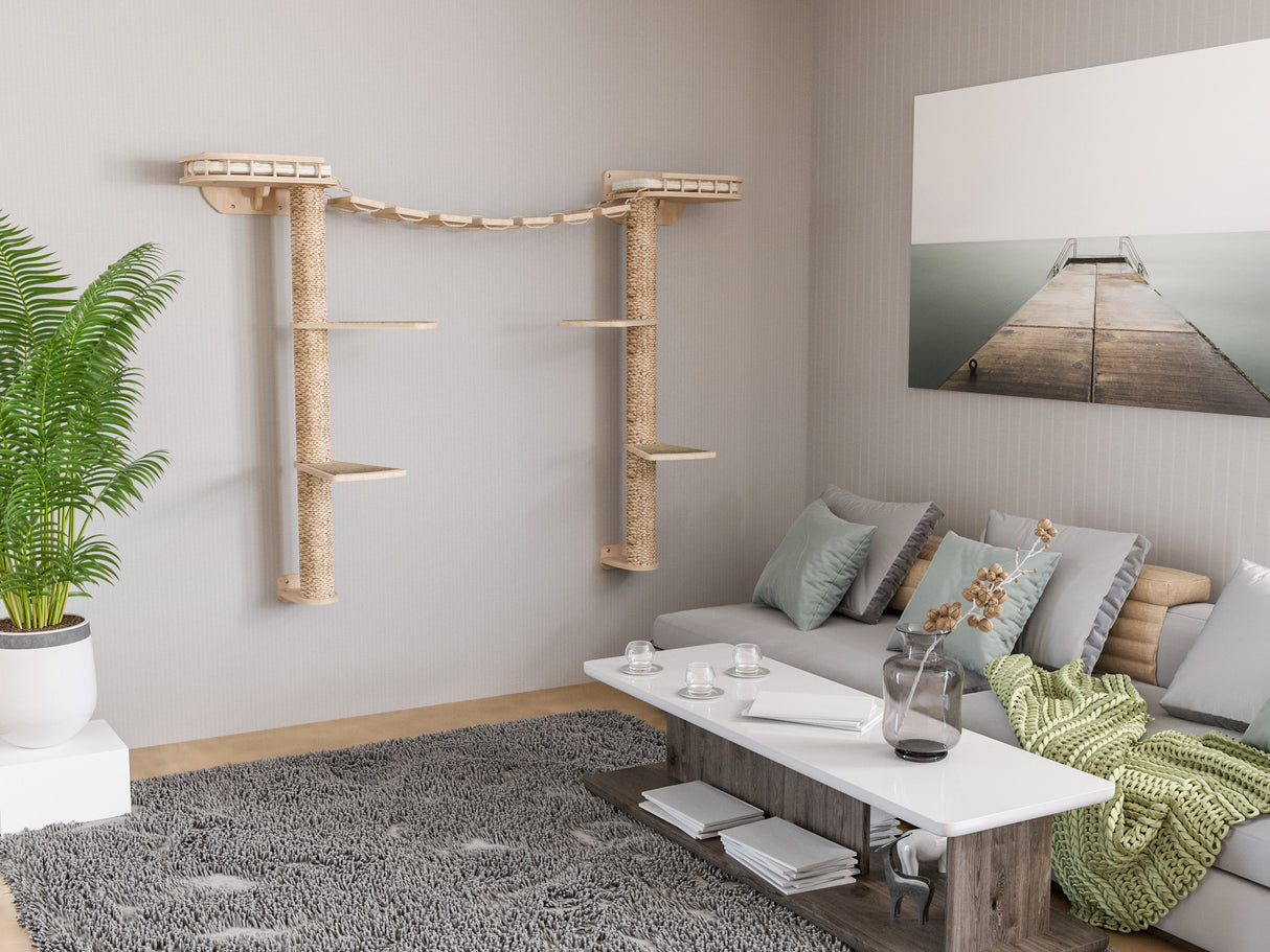 Living room with wall-mounted cat shelves, a gray sofa, and a coffee table.
