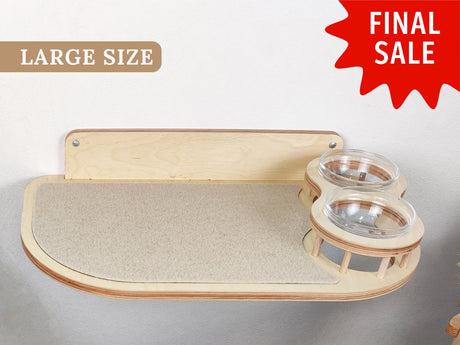 Wall-Mounted Cat Feeder Shelf with Two Bowls – Birch Plywood, Light color & Right Bowl Position