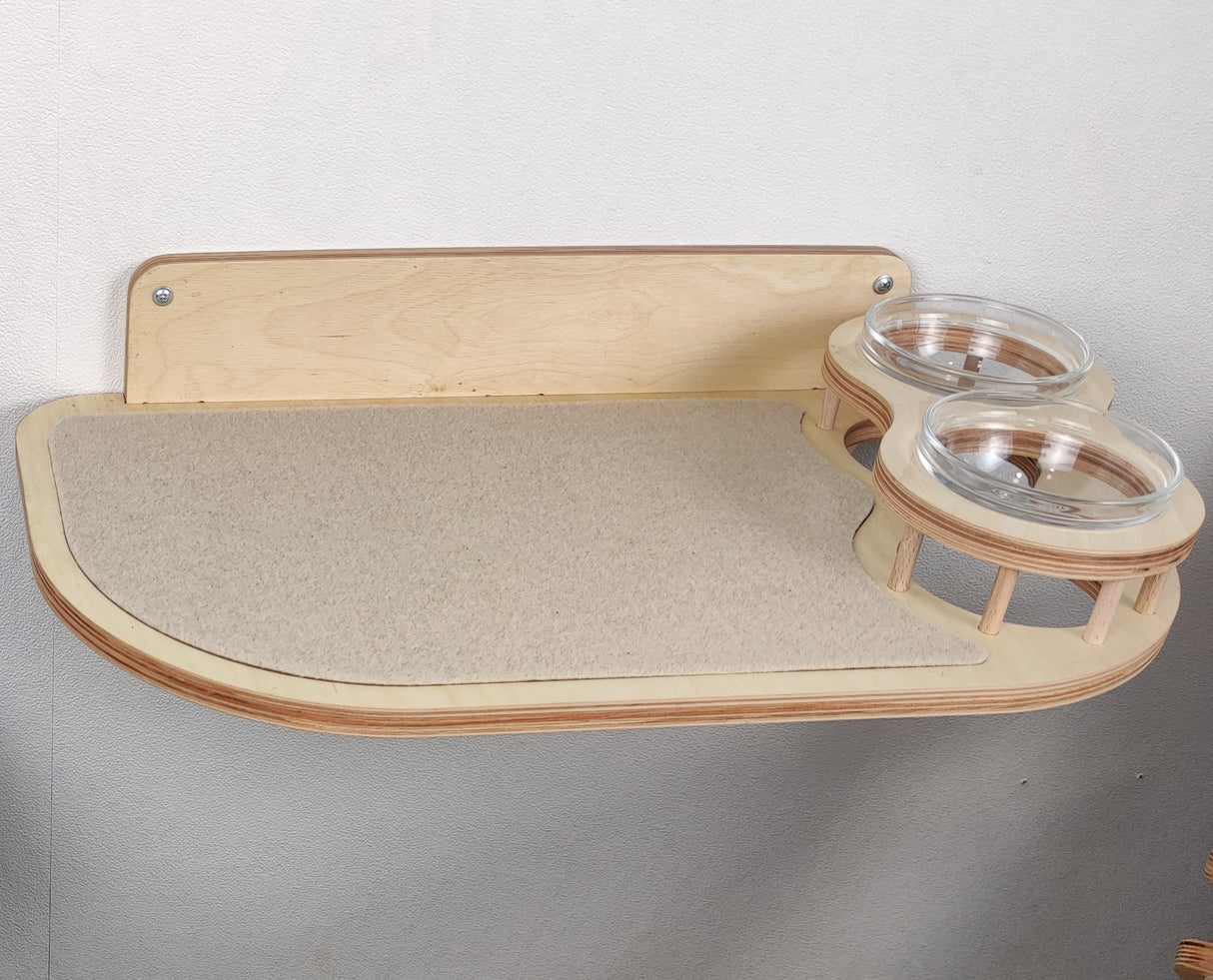 Wall-Mounted Cat Feeder Shelf with Two Bowls – Birch Plywood, Light color & Right Bowl Position