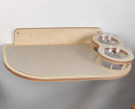 Wall-Mounted Cat Feeder Shelf with Two Bowls – Birch Plywood, Light color & Right Bowl Position