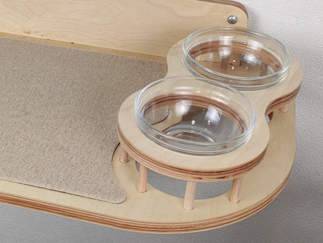 Wall-Mounted Cat Feeder Shelf with Two Bowls – Birch Plywood, Light color & Right Bowl Position