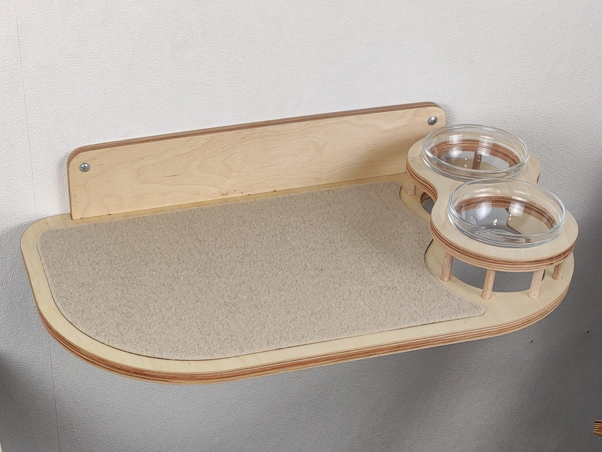 Wall-Mounted Cat Feeder Shelf with Two Bowls – Birch Plywood, Light color & Right Bowl Position