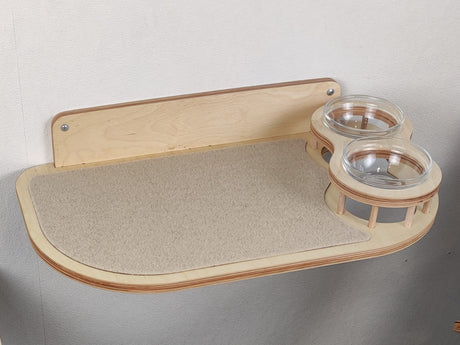 Wall-Mounted Cat Feeder Shelf with Two Bowls – Birch Plywood, Light color & Right Bowl Position