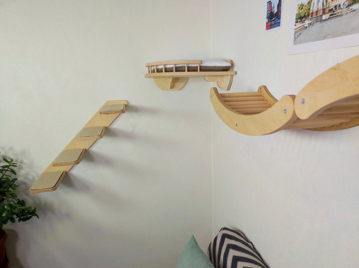 Wooden Cat Wall Playground – Ladder, Shelf & Climbing Path