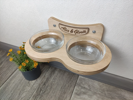 Double cat bowl shelf mounted on wall, ideal for neat feeding area