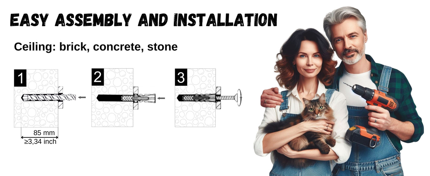 Couple holding a cat with tools and text about ceiling installation