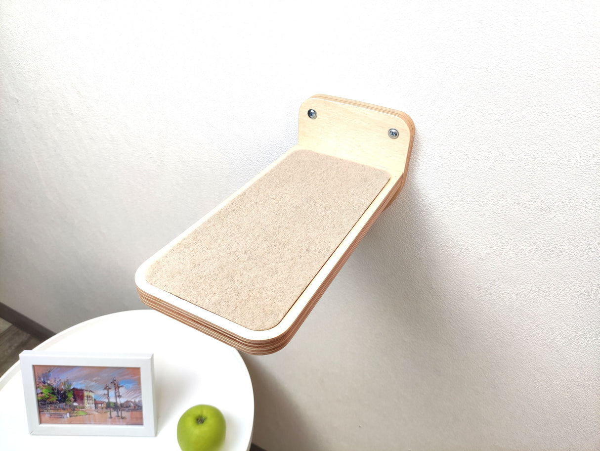 Natural wood wall flat step with beige carpet - for cat