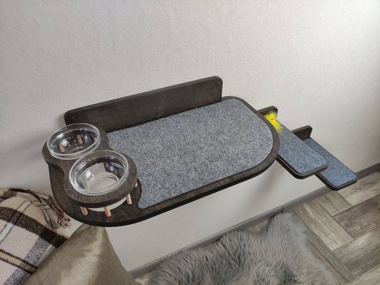 Cat wall shelves set: feeding shelf with elevated bowls + flat step. Perfect for peaceful mealtime. Universal anchors