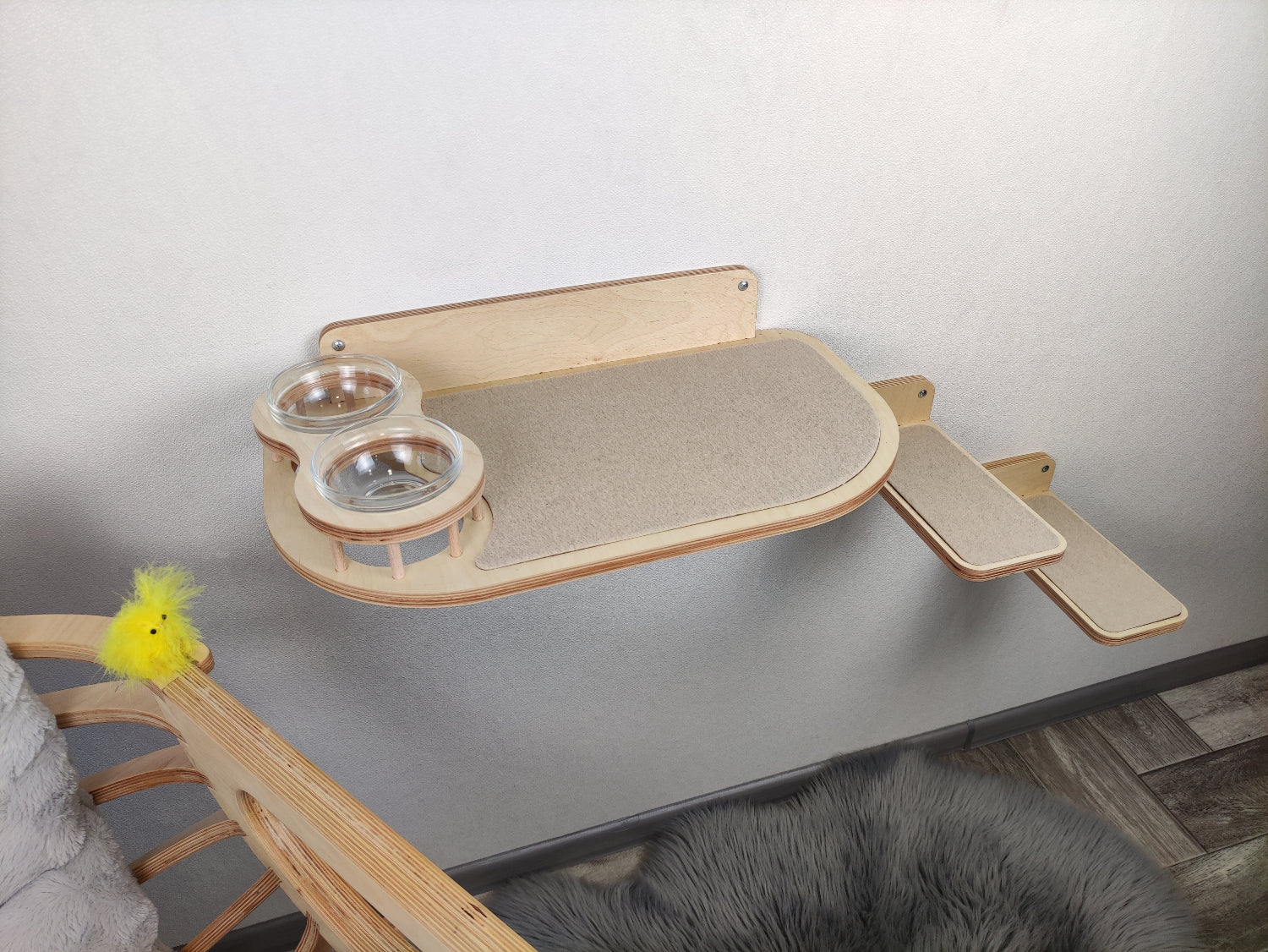 Premium cat wall shelves for comfortable feeding. Raised bowls reduce neck strain. Includes step for easy access.