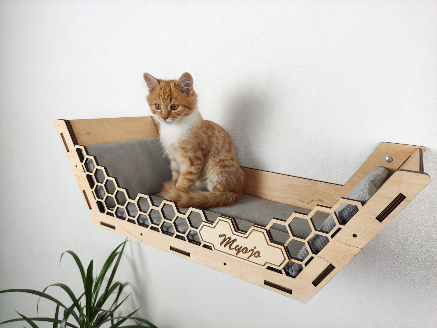 hexagon cat wall shelves with cushion and personalization