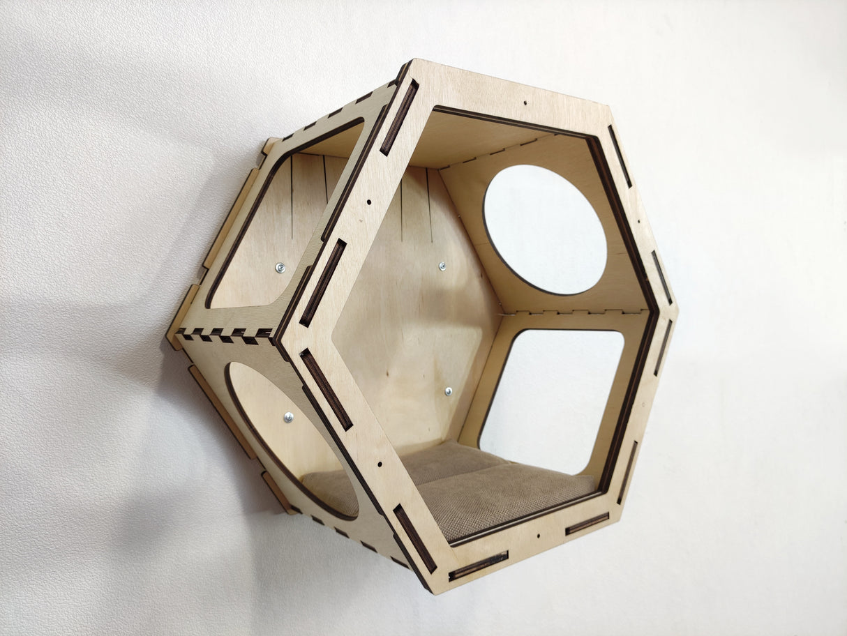 Cat Hexagon Shelf with Cushion - natural color