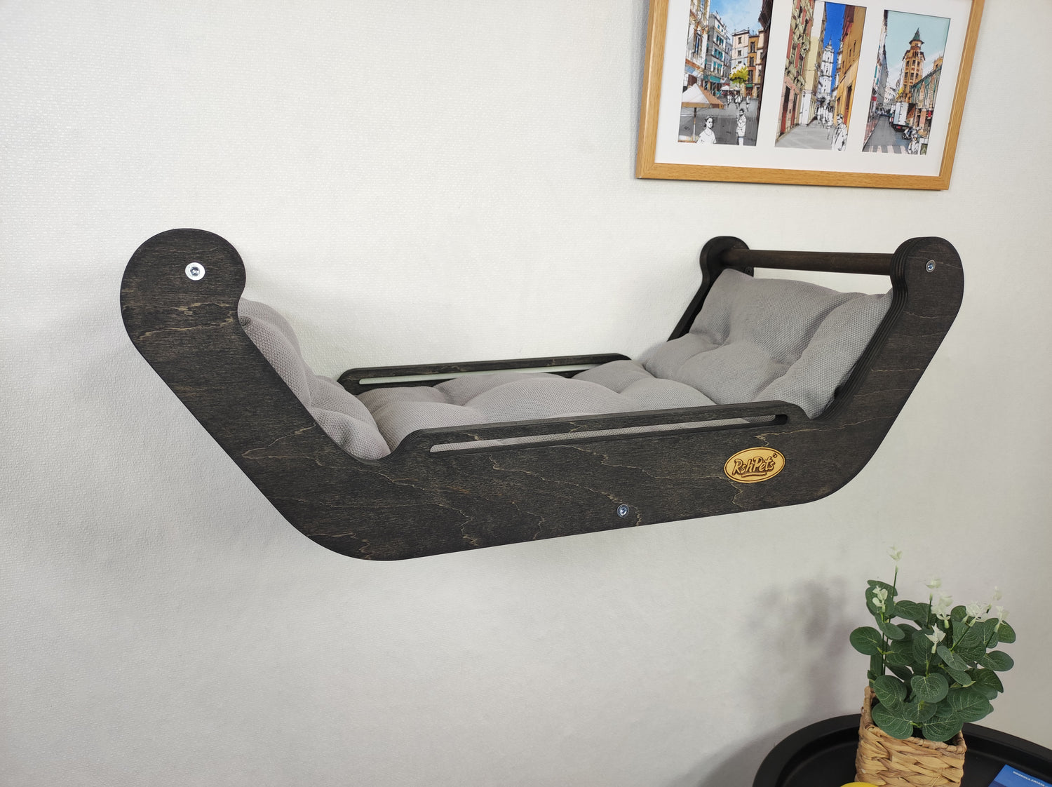 dark Wall Mounted Cat Bed with grey cushion