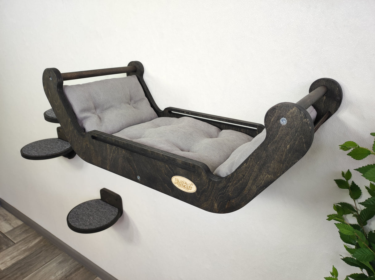 Set of wall furniture for a cat. Bed + round wall steps - dark color