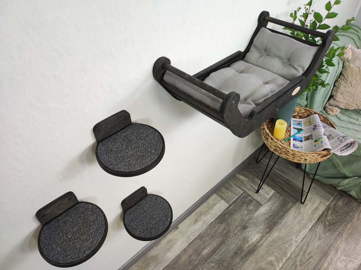 Set of wall furniture for a cat. Bed + round wall steps - dark color