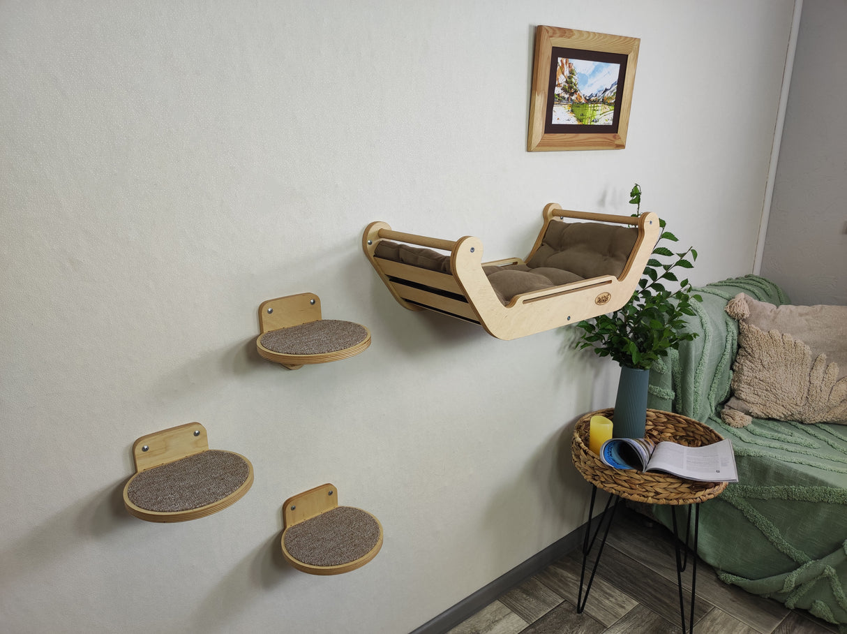 Set of wall furniture for a cat. Bed + round wall steps - natural color