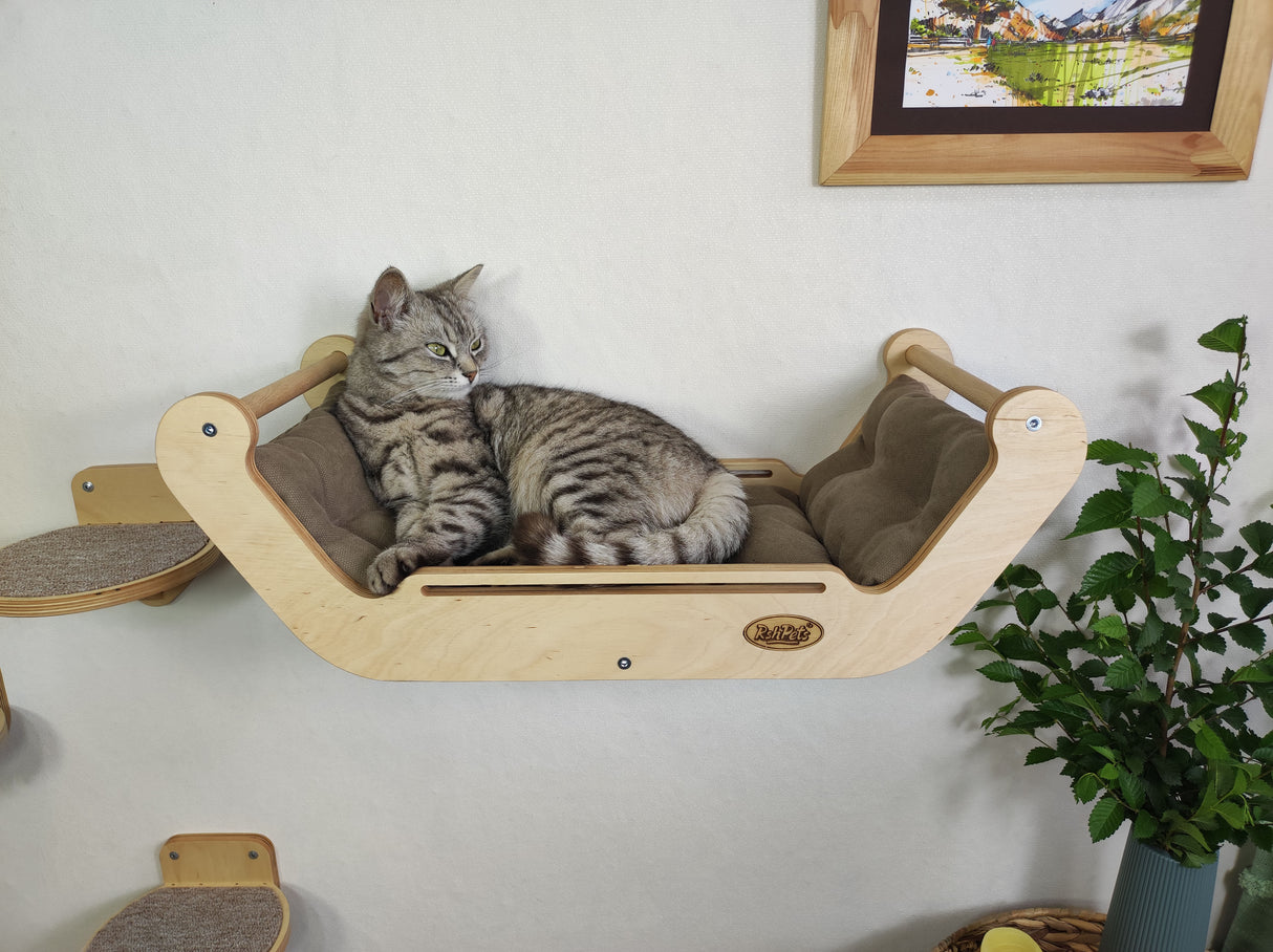 Set of wall furniture for a cat. Bed + round wall steps - natural color