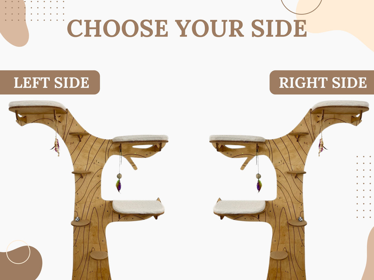 Two identical wooden cat trees with platforms on a white background, labeled 'Left Side' and 'Right Side'.