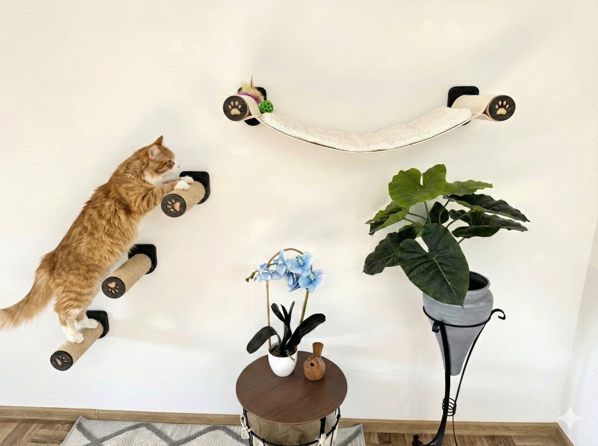 Cat climbing a wall-mounted cat climbing toy with plants and decor below.