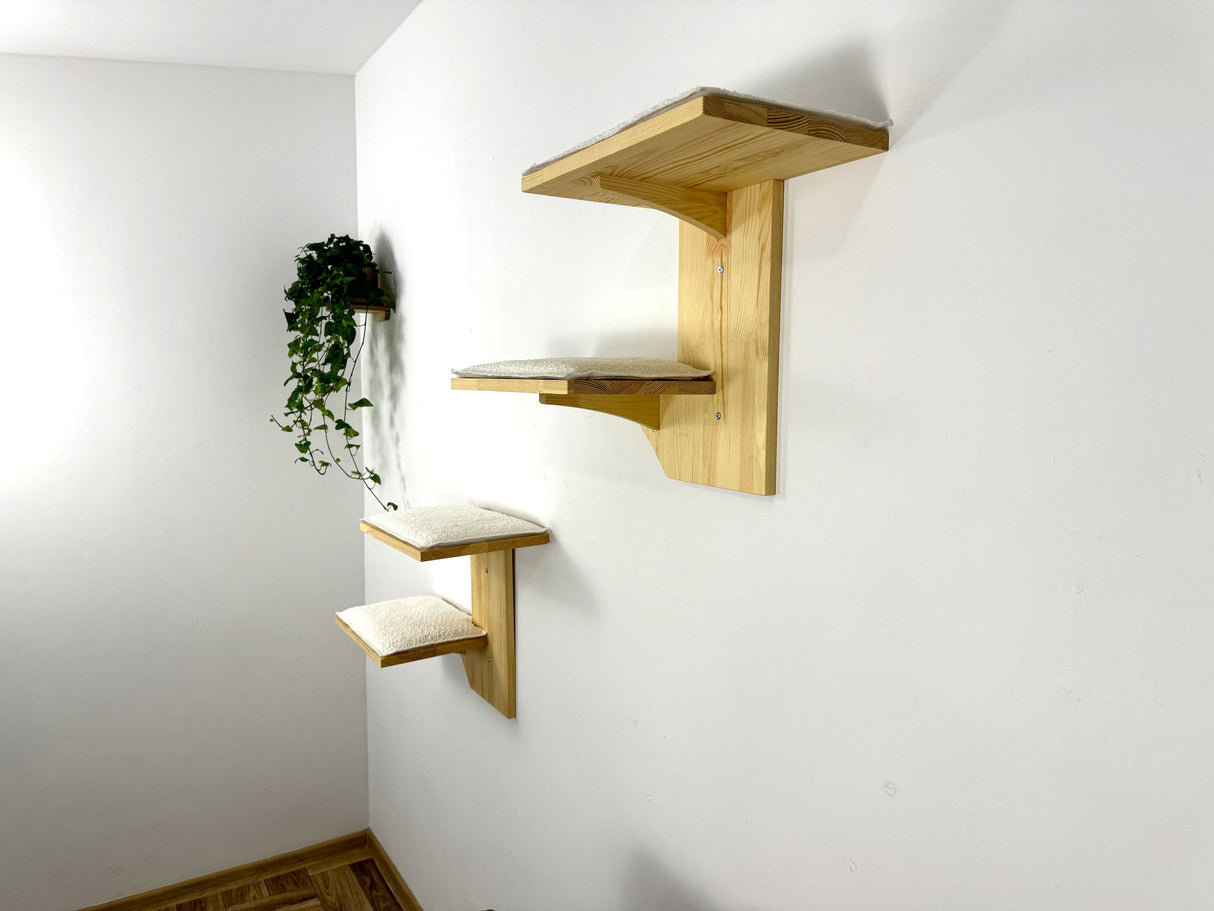 two-level cat wall shelves from ligt wood