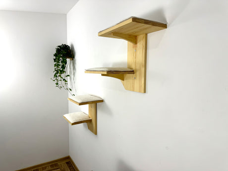two-level cat wall shelves from ligt wood