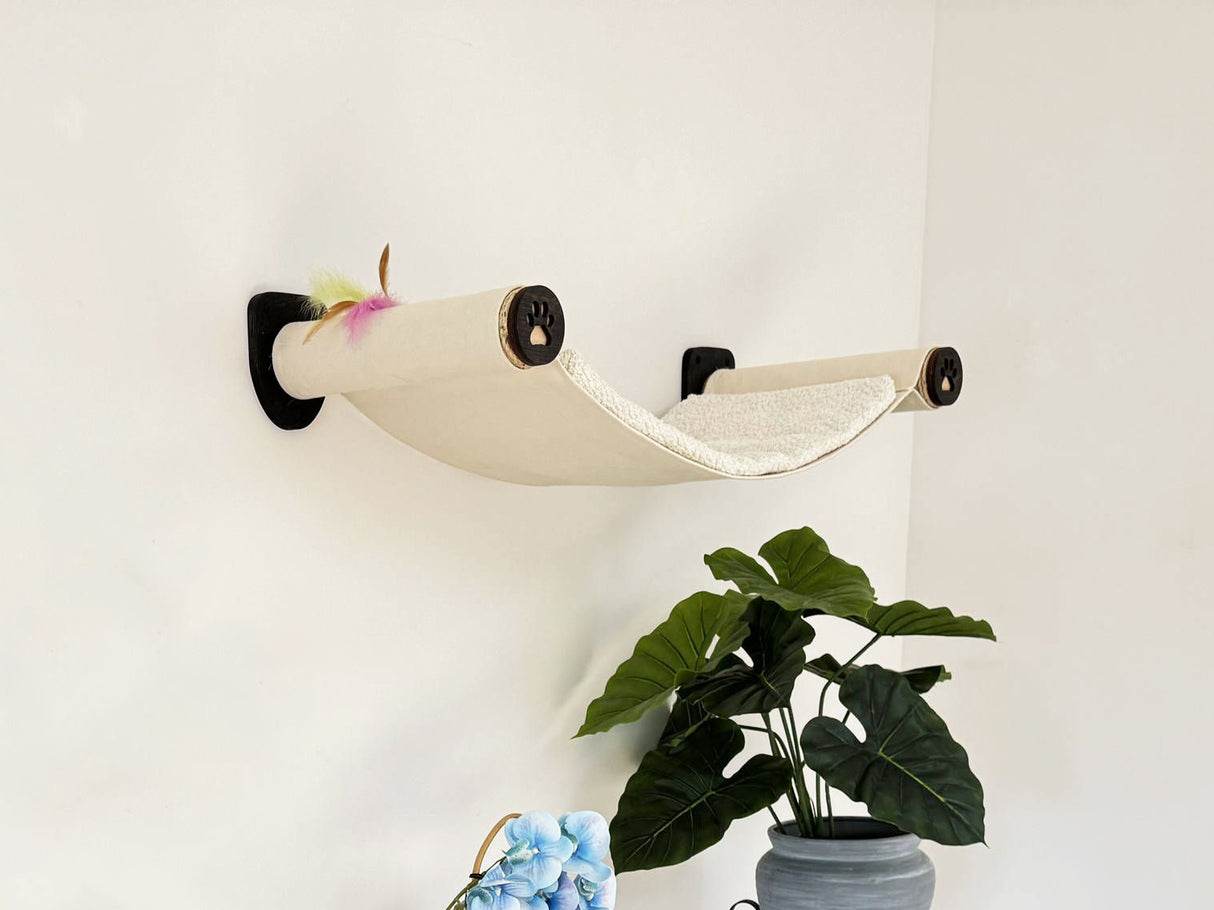 Cat hammock mounted on a white wall with a plant below