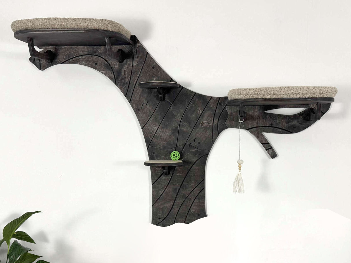 Wall-mounted cat shelf with two platforms on a white background