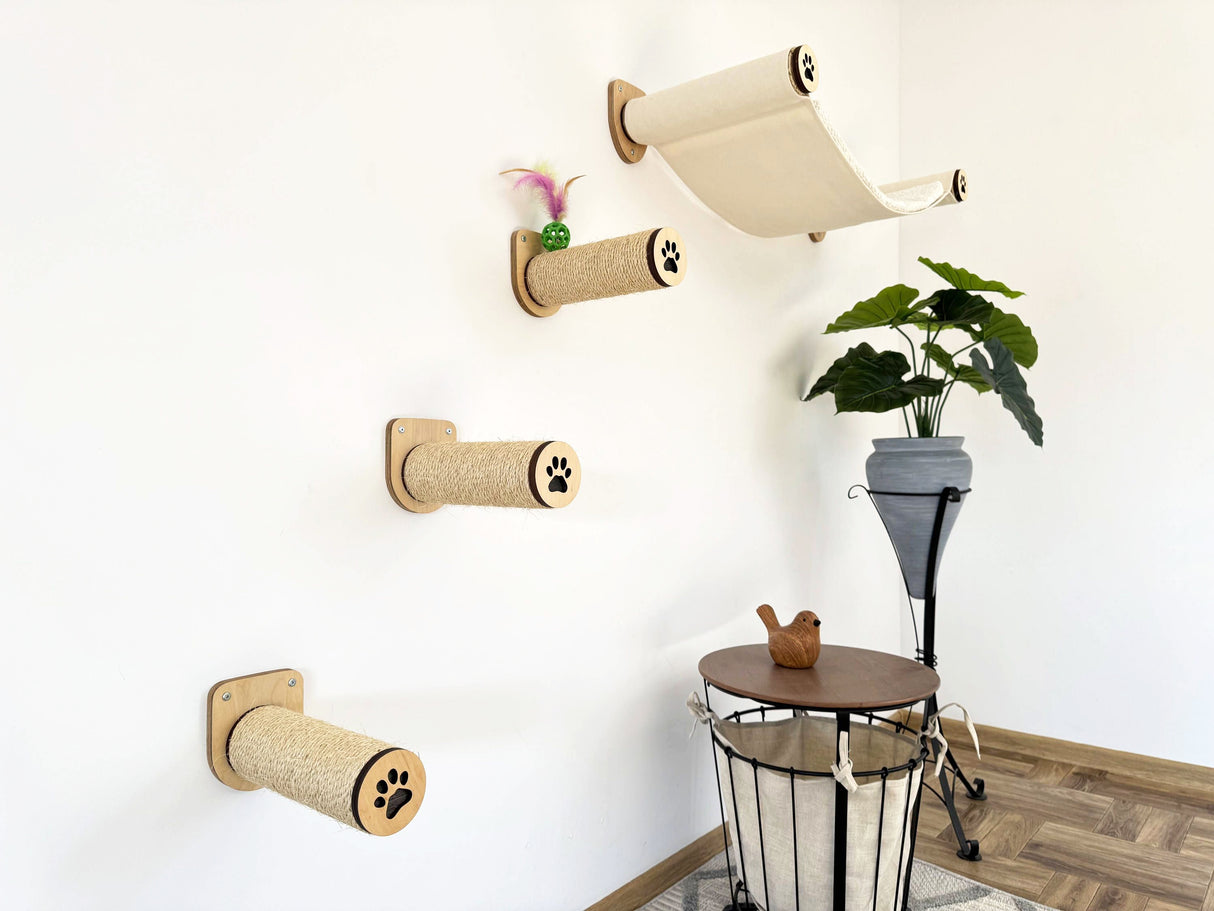 Cat climbing wall with cardboard rolls attached to a white wall, with a plant and small table in the background.