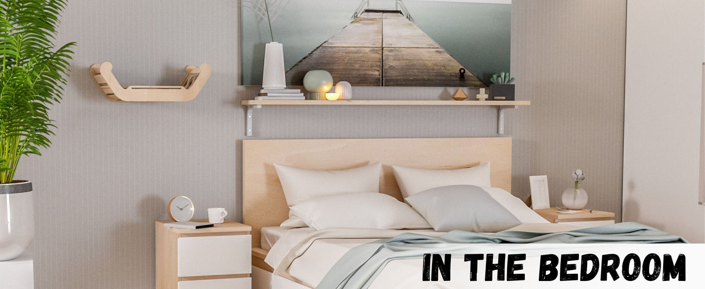 Modern bedroom with a cat bed, nightstands, and decorative items.