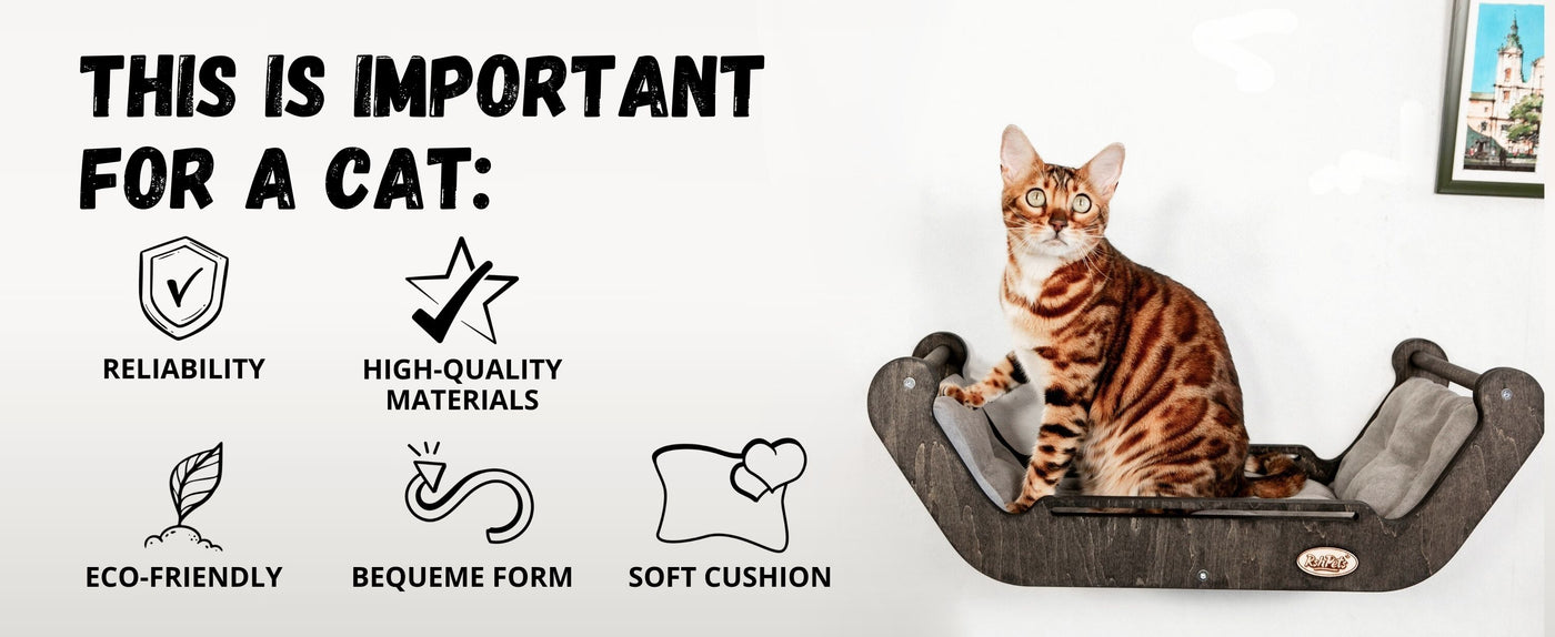 Cat lying on a wall-mounted bed with product features listed on a white background