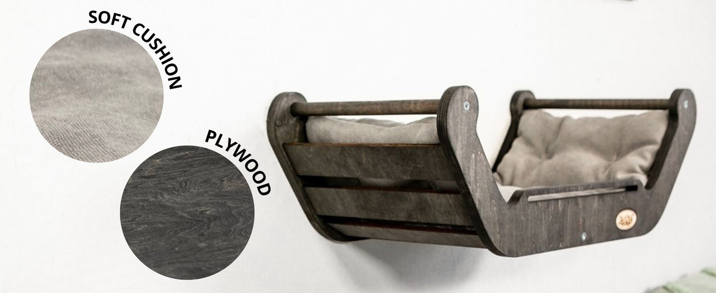 Cat wooden bed with soft cushion and plywood components on a white background