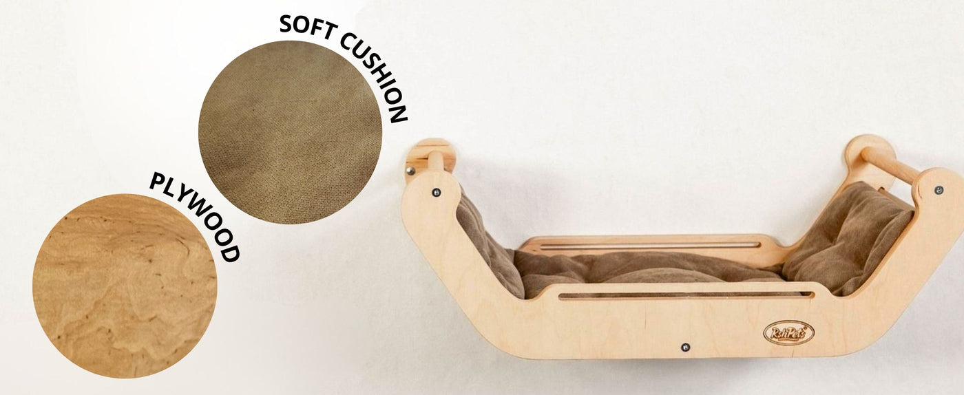Wooden cat seat with soft cushion and plywood texture comparison on a white background