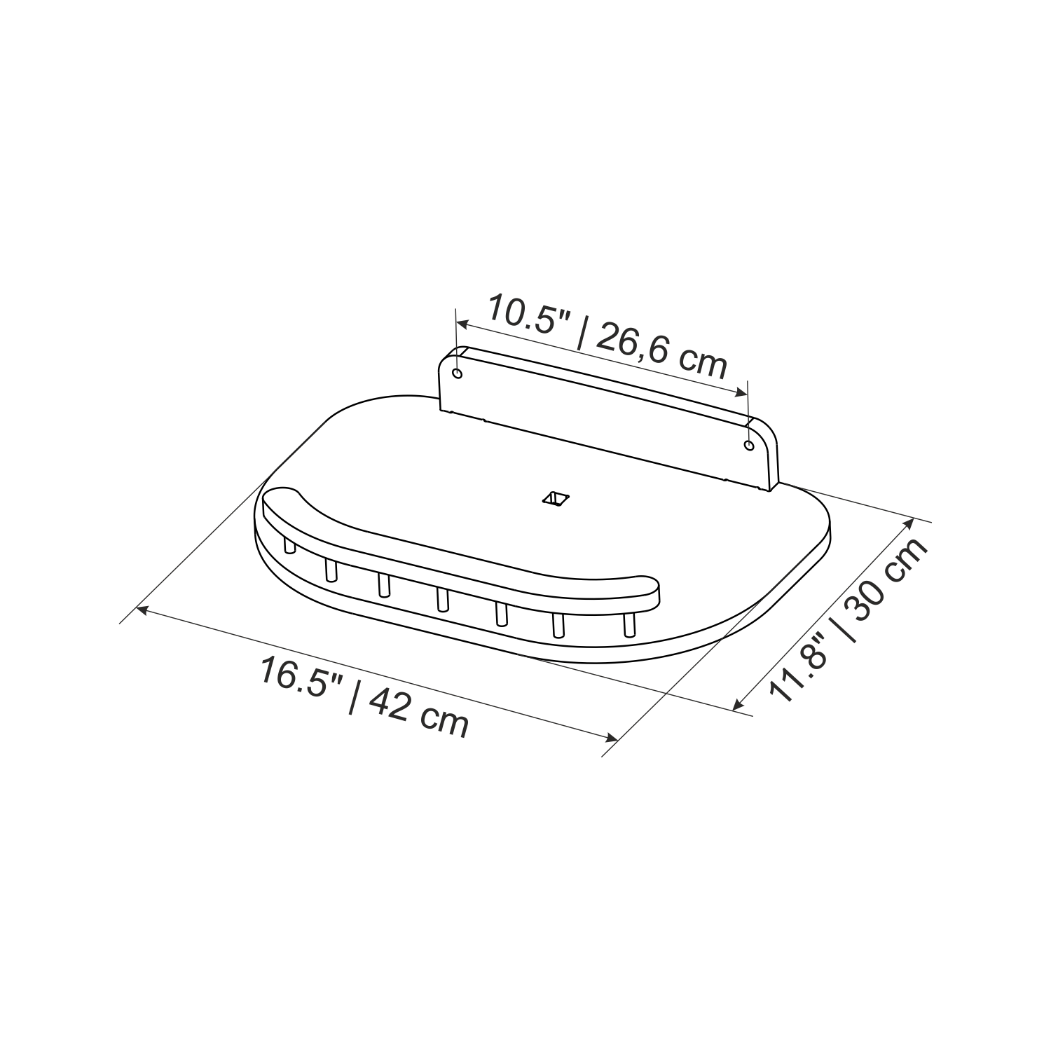 Measurement chart of a product with dimensions labeled in inches and centimeters.
