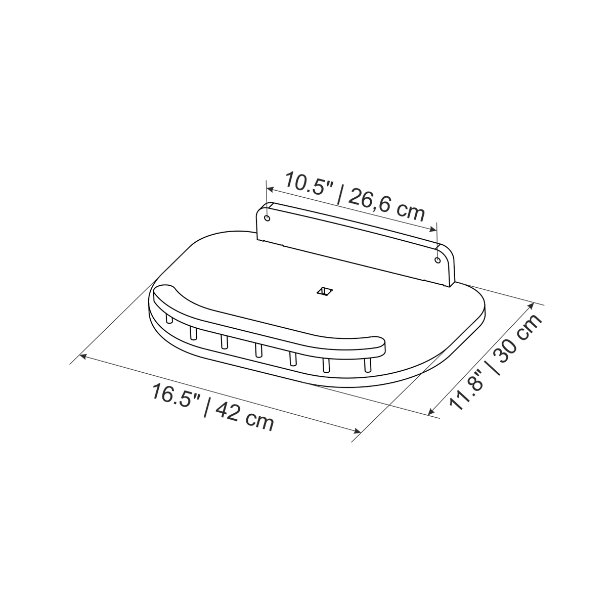 Measurement chart of a product with dimensions labeled in inches and centimeters.