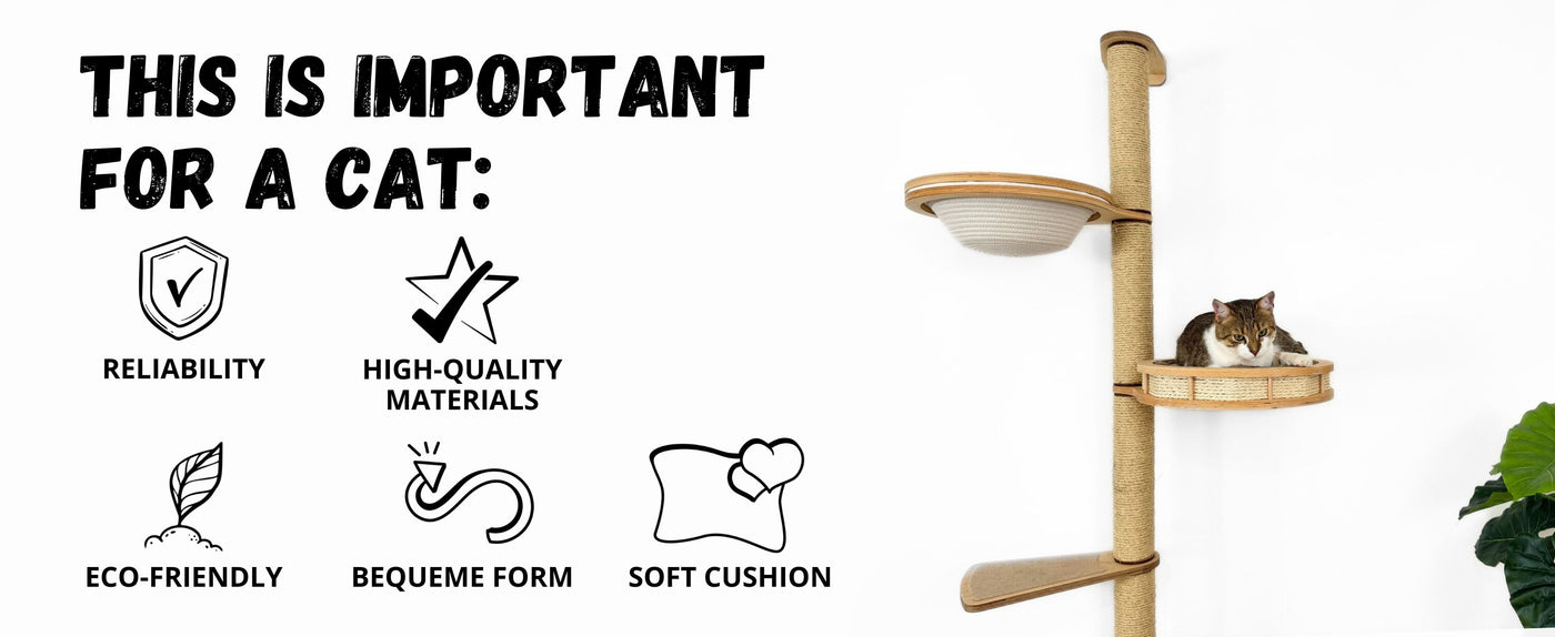 Cat tree with features highlighted for a cat, including reliability, high-quality materials, eco-friendliness, and soft cushion.