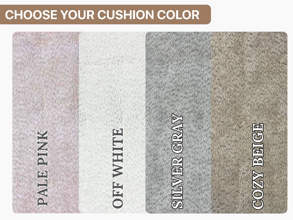 Color swatches for cushions labeled 'Pale Pink', 'Off White', 'Silver Gray', and 'Cozy Beige' on a white background.