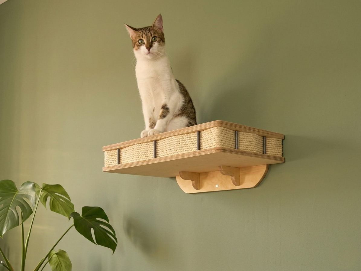 Cat wall bed with soft cushion, natural color of wood