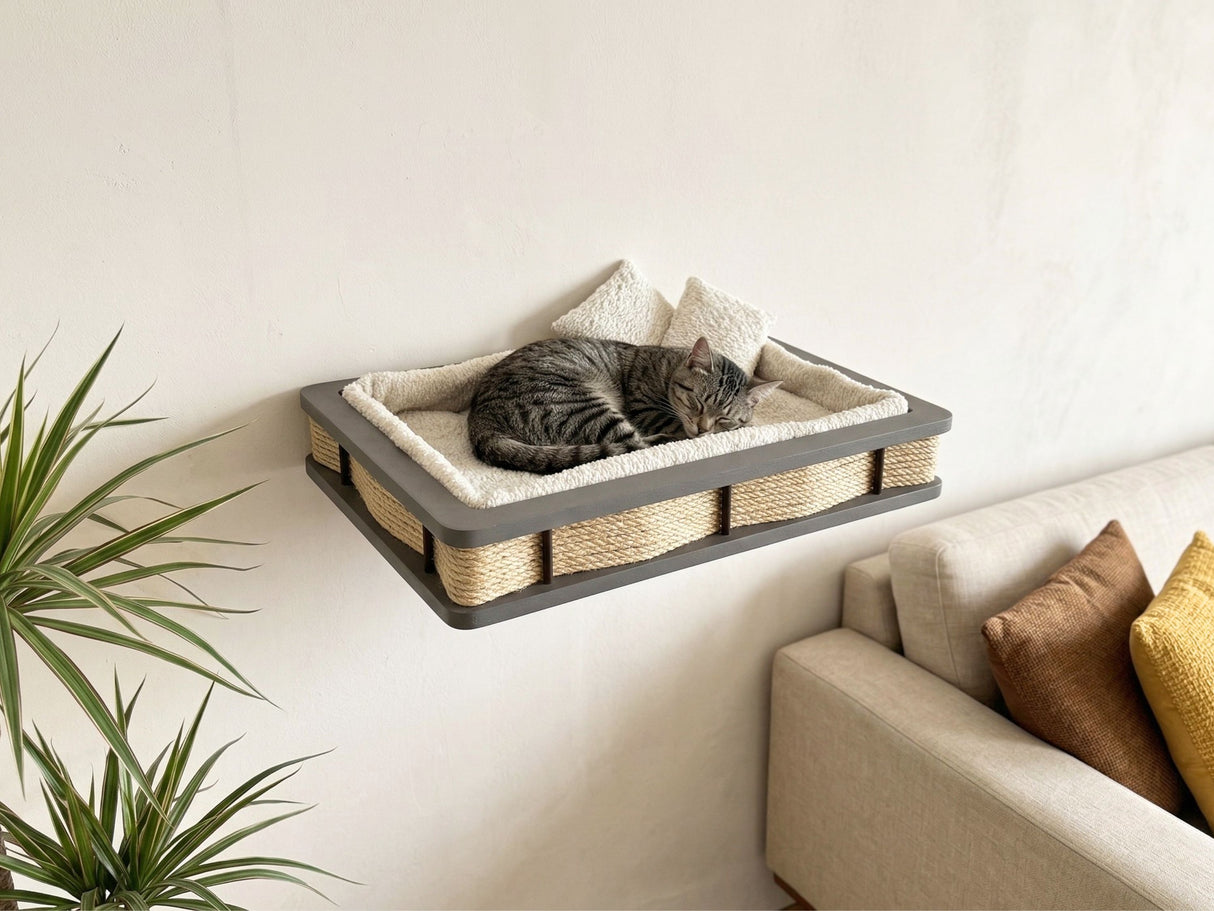 Cat sleeping on a wall-mounted pet bed in a cozy living room.